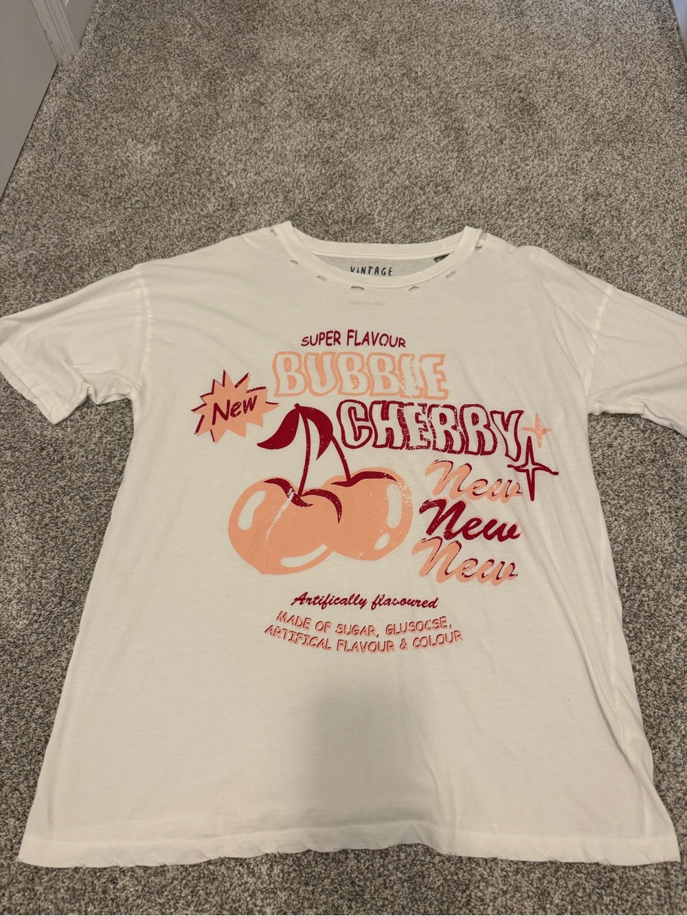 Vintage White Tee with Pink & Red Bubble Cherry Graphic